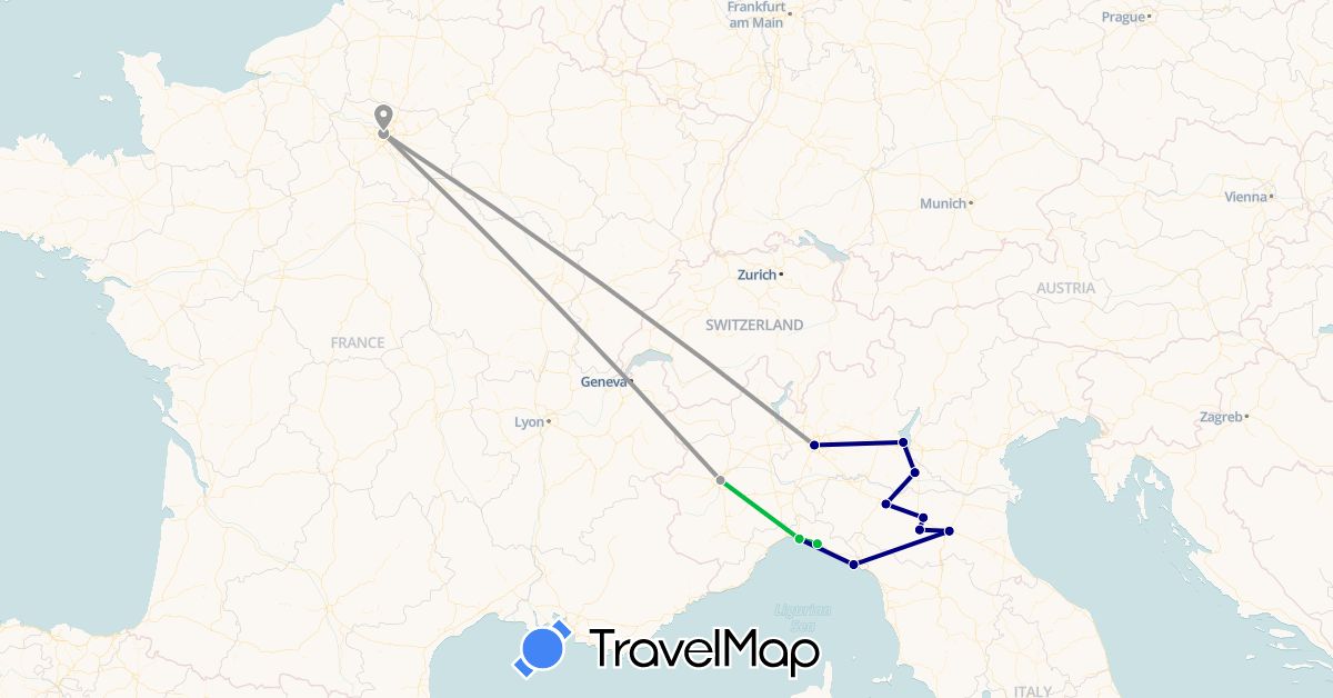 TravelMap itinerary: driving, bus, plane in France, Italy (Europe)